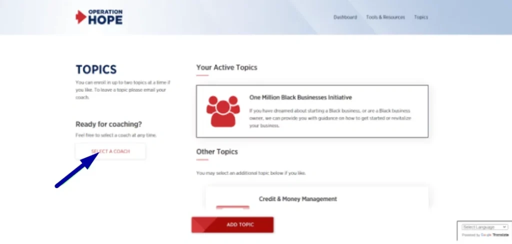 Upon successful registration, you'll gain access to educational resources, workshops, and mentorship opportunities. Click the Select a coach to proceed.